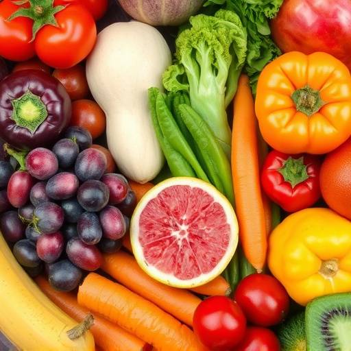A colorful variety of fresh fruits and vegetables, representing healthy eating habits