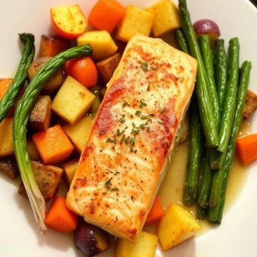 Image of baked salmon fillet with colorful roasted vegetables